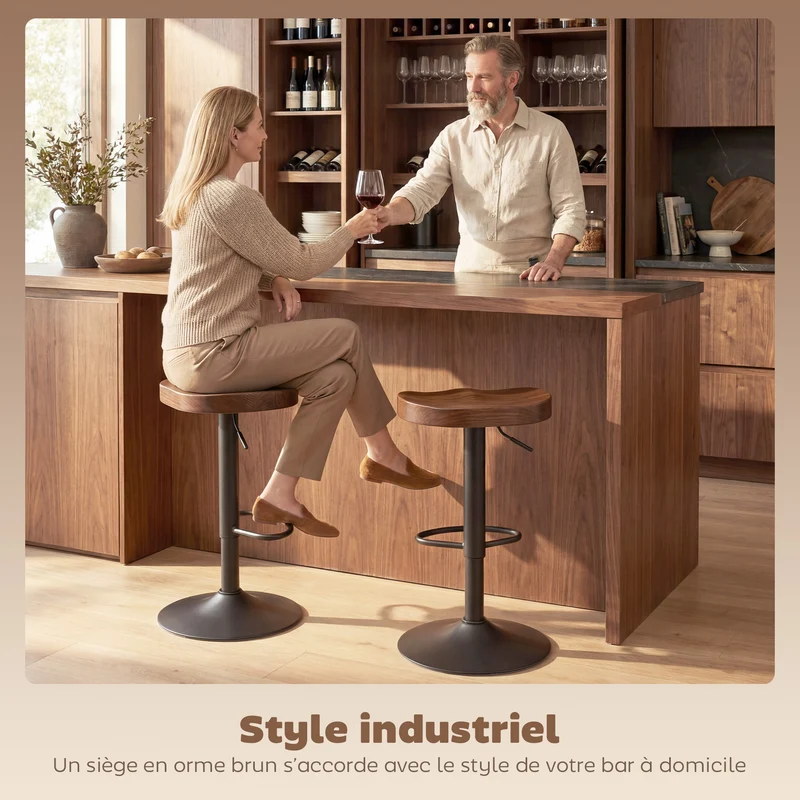 Lot de 2 tabourets de bar réglables 41,5 x 41,5 x 61-82 cm assise selle ergonomique stable rustique en bois marron foncé 21_0003392