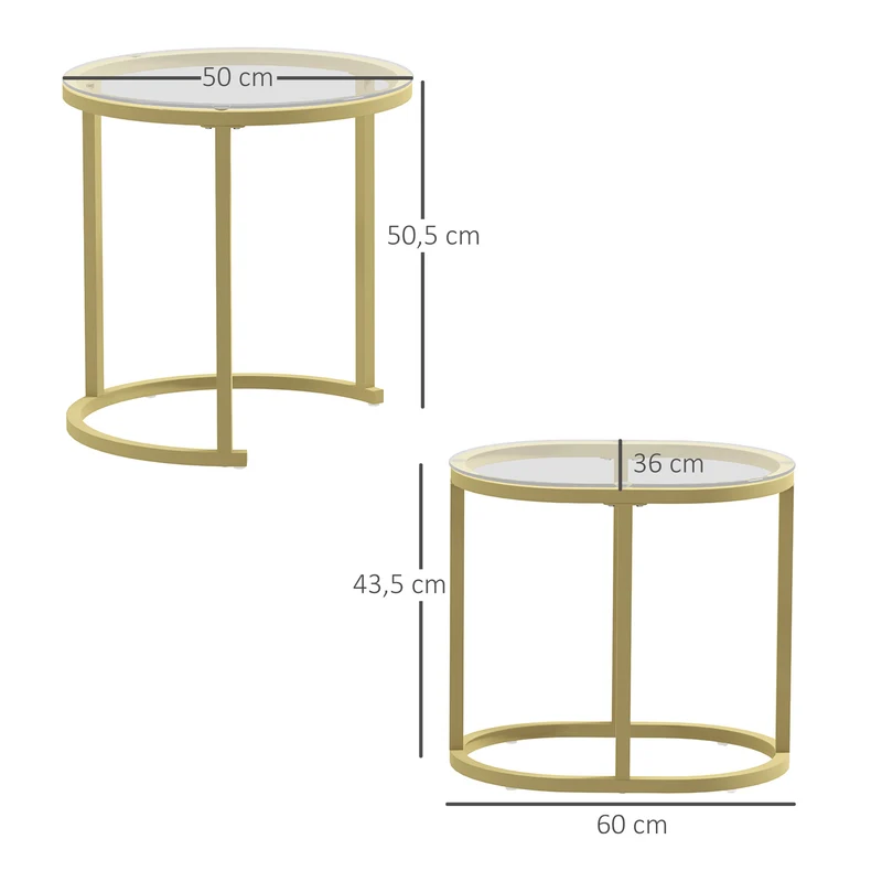 Lot de 2 tables basses gigognes encastrables 60 x 36 x 44 cm gain de place contemporain élégant salon en verre trempé or 21_0003068