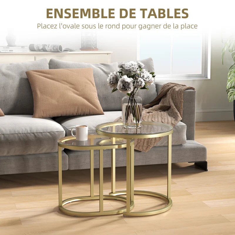 Lot de 2 tables basses gigognes encastrables 60 x 36 x 44 cm gain de place contemporain élégant salon en verre trempé or 21_0003068