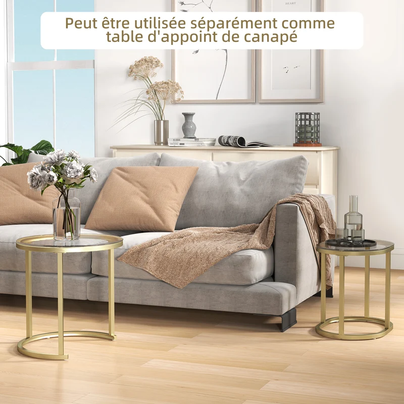 Lot de 2 tables basses gigognes encastrables 60 x 36 x 44 cm gain de place contemporain élégant salon en verre trempé or 21_0003068