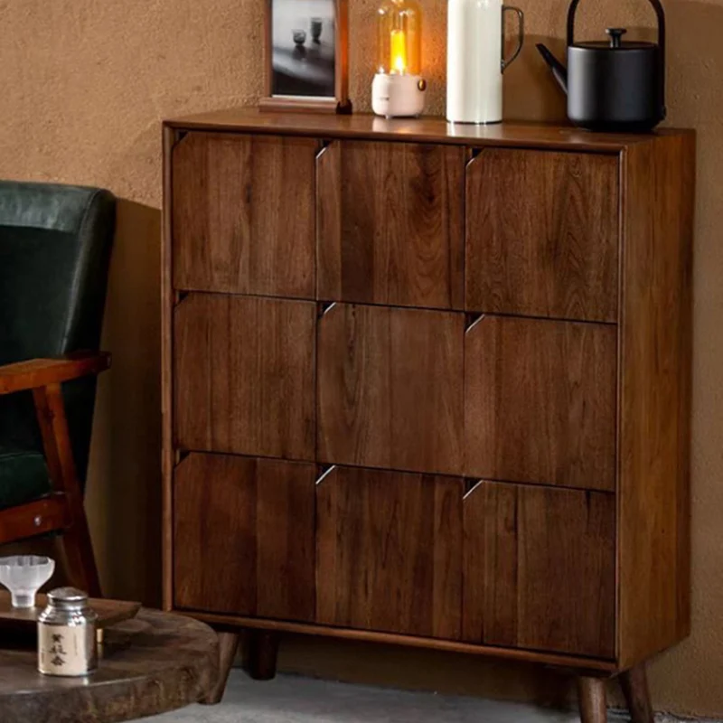 Traditional Vintage Rectangular Walnut Wood Paulownia Wood Detachable Storage Cabinet 9-Drawer For Living Room