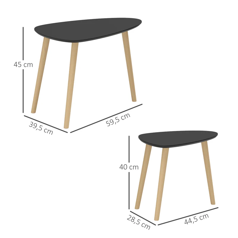 Lot de 2 tables basses gigognes 60 x 40 x 45 cm et 44 x 28 x 40 cm légères et empilables scandinave épuré en MDF noir 21_0003059