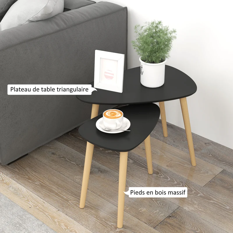 Lot de 2 tables basses gigognes 60 x 40 x 45 cm et 44 x 28 x 40 cm légères et empilables scandinave épuré en MDF noir 21_0003059