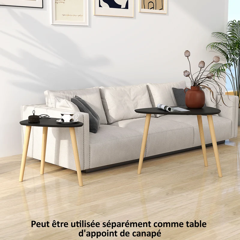 Lot de 2 tables basses gigognes 60 x 40 x 45 cm et 44 x 28 x 40 cm légères et empilables scandinave épuré en MDF noir 21_0003059