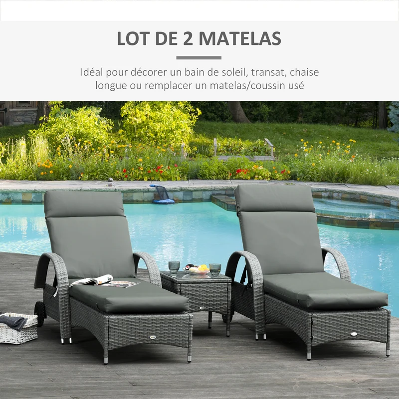 Lot de 2 matelas transat 196 x 55 x 8 cm confort mousse haute densité sangles moderne épuré en polyester gris foncé 21_0004654