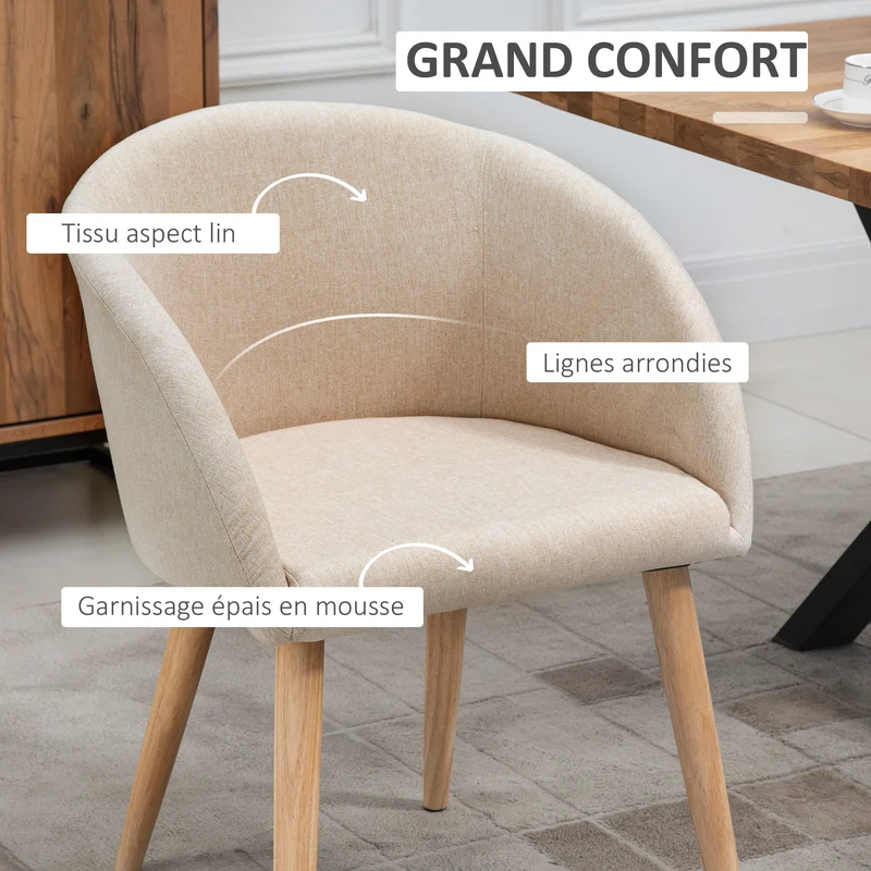 Lot de 2 chaises de salle à manger 55 x 56 x 74 cm assise rembourrée dossier enveloppant scandinave en polyester beige 21_0002254