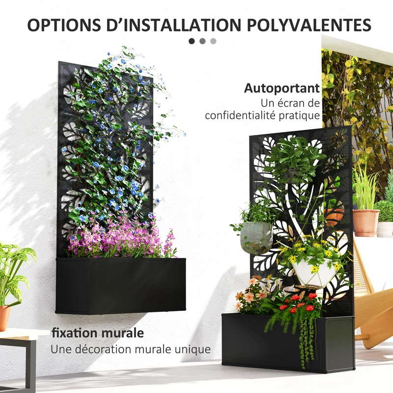 Jardinière brise-vue treillis 61 x 23 x 113 cm pour plantes grimpantes drainage montage mural contemporain en métal noir 21_0005486