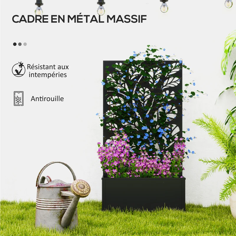 Jardinière brise-vue treillis 61 x 23 x 113 cm pour plantes grimpantes drainage montage mural contemporain en métal noir 21_0005486