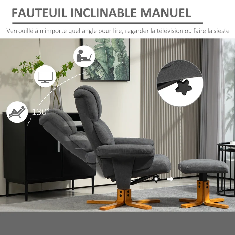 Fauteuil de relaxation salon 79 x 80 x 104 cm dossier inclinable assise rembourrée contemporain en velours gris foncé 21_0003439