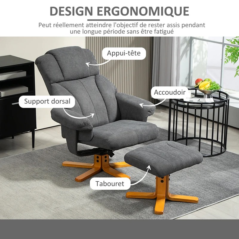 Fauteuil de relaxation salon 79 x 80 x 104 cm dossier inclinable assise rembourrée contemporain en velours gris foncé 21_0003439