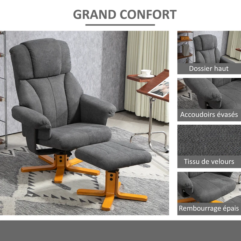 Fauteuil de relaxation salon 79 x 80 x 104 cm dossier inclinable assise rembourrée contemporain en velours gris foncé 21_0003439