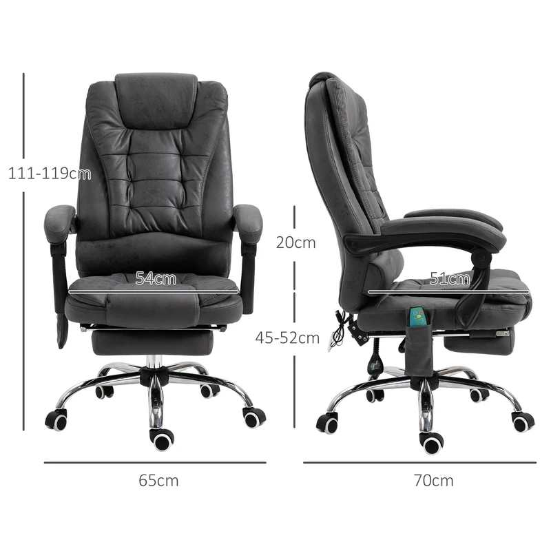 Fauteuil de bureau massant chauffant 65 x 70 x 111-119 cm assise haute densité ergonomique moderne en microfibre gris 21_0006187