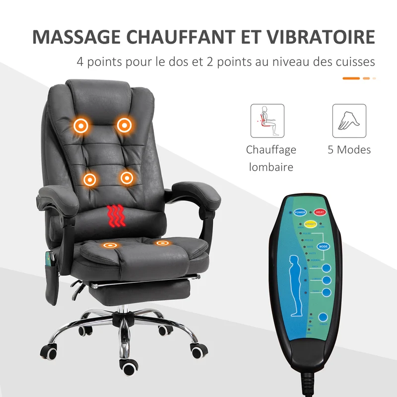 Fauteuil de bureau massant chauffant 65 x 70 x 111-119 cm assise haute densité ergonomique moderne en microfibre gris 21_0006187