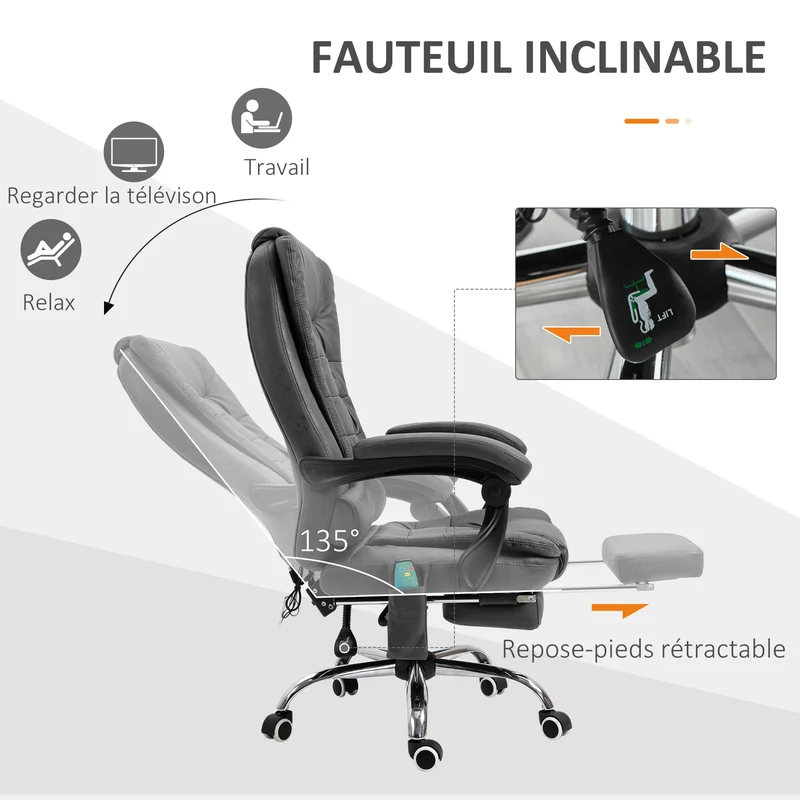 Fauteuil de bureau massant chauffant 65 x 70 x 111-119 cm assise haute densité ergonomique moderne en microfibre gris 21_0006187