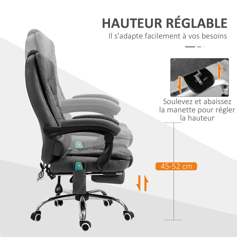 Fauteuil de bureau massant chauffant 65 x 70 x 111-119 cm assise haute densité ergonomique moderne en microfibre gris 21_0006187