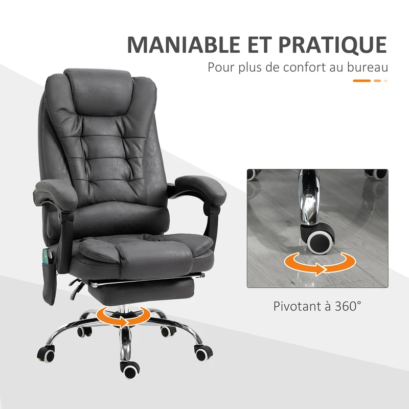 Fauteuil de bureau massant chauffant 65 x 70 x 111-119 cm assise haute densité ergonomique moderne en microfibre gris 21_0006187
