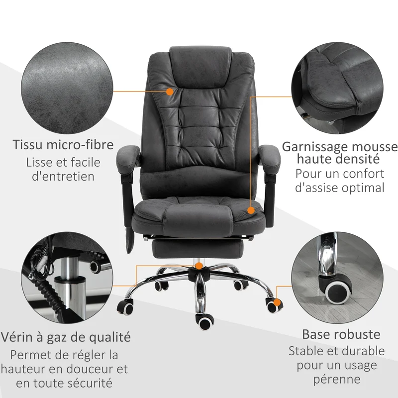 Fauteuil de bureau massant chauffant 65 x 70 x 111-119 cm assise haute densité ergonomique moderne en microfibre gris 21_0006187