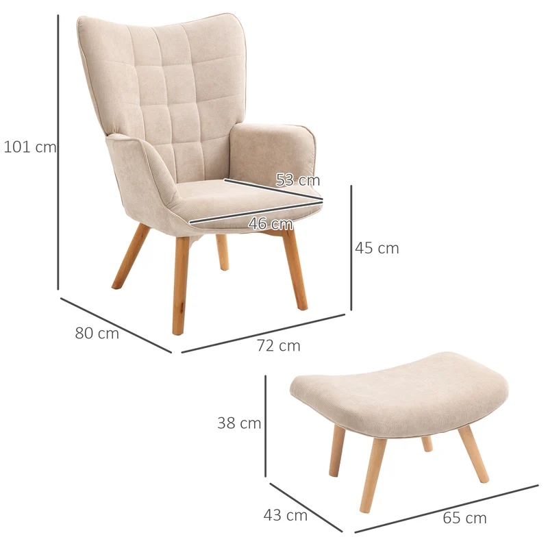 Fauteuil avec repose-pied dossier haut 72 x 80 x 101 cm assise moelleuse ergonomique scandinave salon en polyester beige 21_0003082