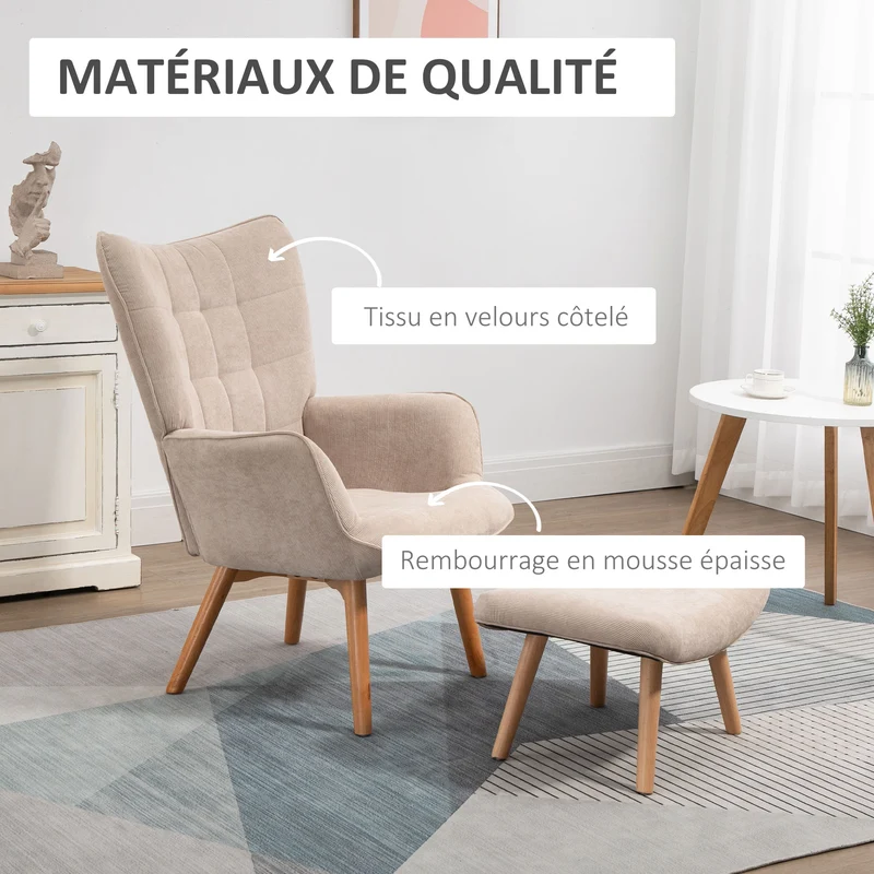 Fauteuil avec repose-pied dossier haut 72 x 80 x 101 cm assise moelleuse ergonomique scandinave salon en polyester beige 21_0003082