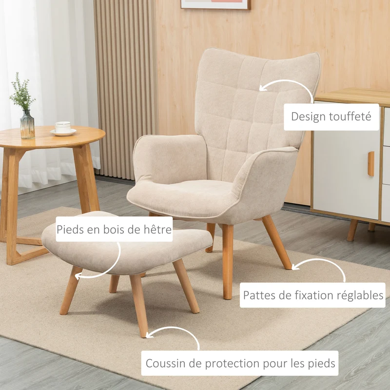 Fauteuil avec repose-pied dossier haut 72 x 80 x 101 cm assise moelleuse ergonomique scandinave salon en polyester beige 21_0003082