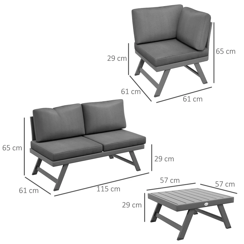 Ensemble salon de jardin d'angle convertible 115 x 61 x 65 cm assise confort coussins épais contemporain en acier gris 21_0005205