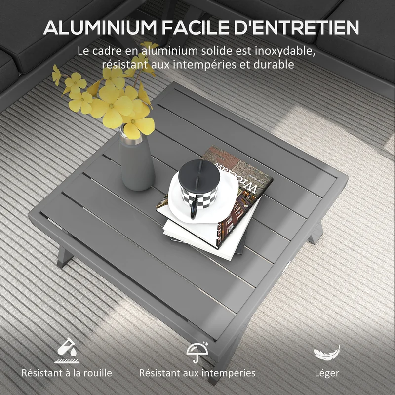 Ensemble salon de jardin d'angle convertible 115 x 61 x 65 cm assise confort coussins épais contemporain en acier gris 21_0005205