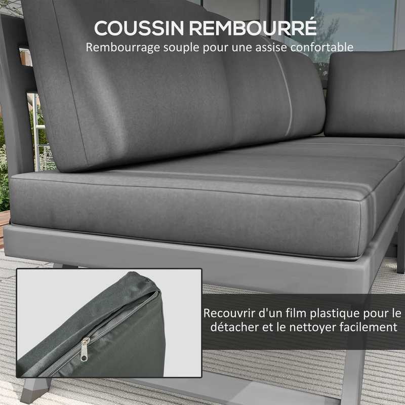 Ensemble salon de jardin d'angle convertible 115 x 61 x 65 cm assise confort coussins épais contemporain en acier gris 21_0005205