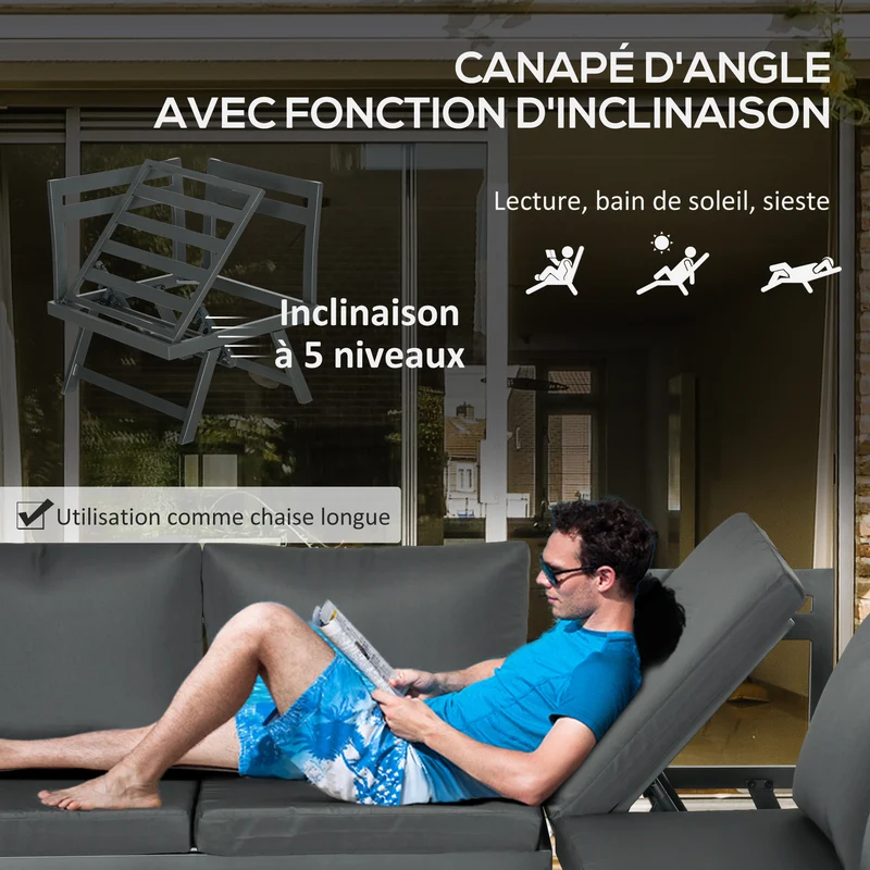 Ensemble salon de jardin d'angle convertible 115 x 61 x 65 cm assise confort coussins épais contemporain en acier gris 21_0005205