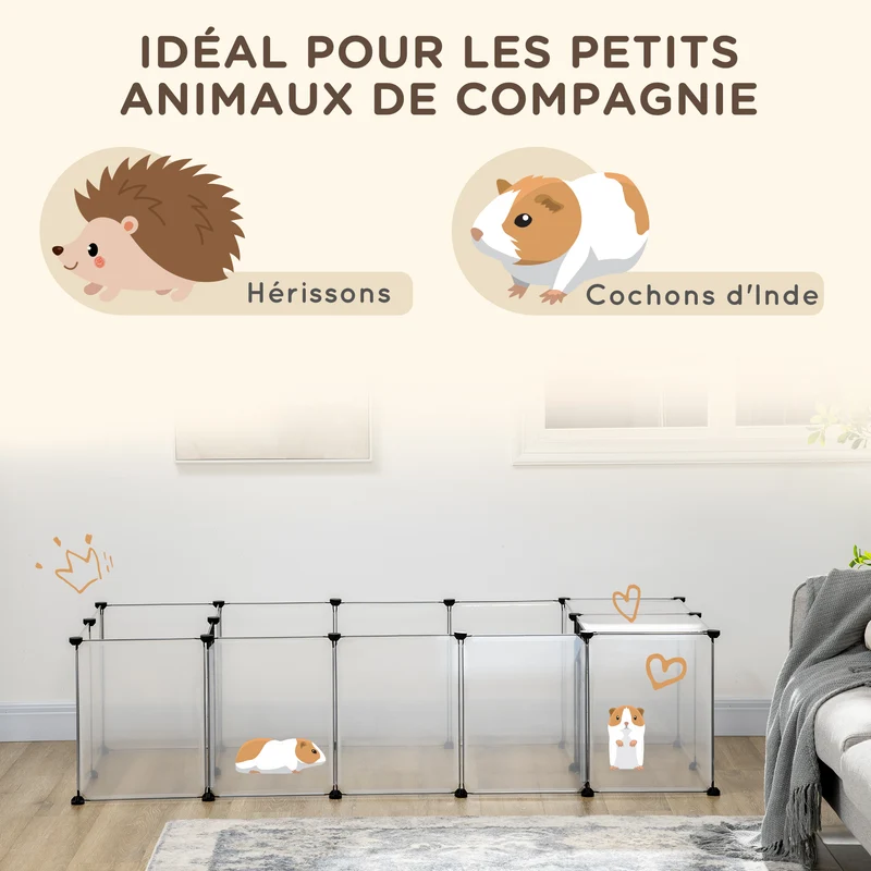 Enclos modulable pour petits animaux 175 x 70 x 45 cm espace sécurisé antidérapant salon contemporain en acier blanc 21_0007964