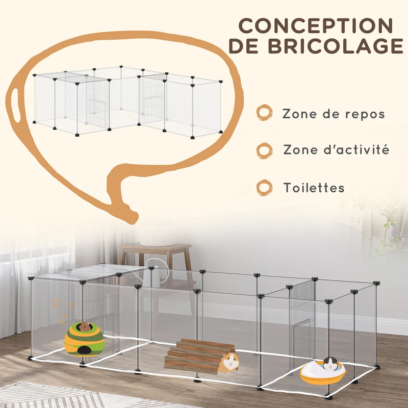 Enclos modulable pour petits animaux 175 x 70 x 45 cm espace sécurisé antidérapant salon contemporain en acier blanc 21_0007964