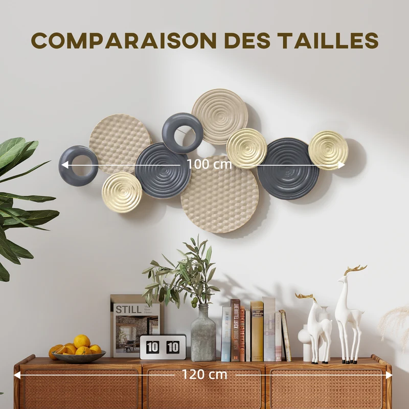 Décoration murale abstraite 3d 100 x 5.5 x 50 cm pose facile antirouille design moderne salon élégant en métal kaki 21_0003705