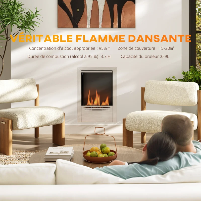 Cheminée à l'éthanol d'appoint 48 x 18 x 59 cm flamme réelle sûre 3,3 heures moderne épuré en acier inoxydable argent 21_0001141