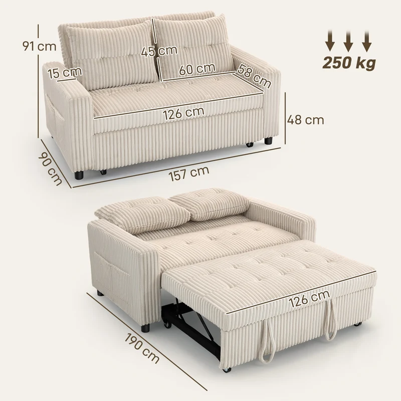 Canapé convertible 2 places lit d'appoint 157 x 190 x 49 cm dossier réglable poches latérales moderne en velours crème 21_0003620
