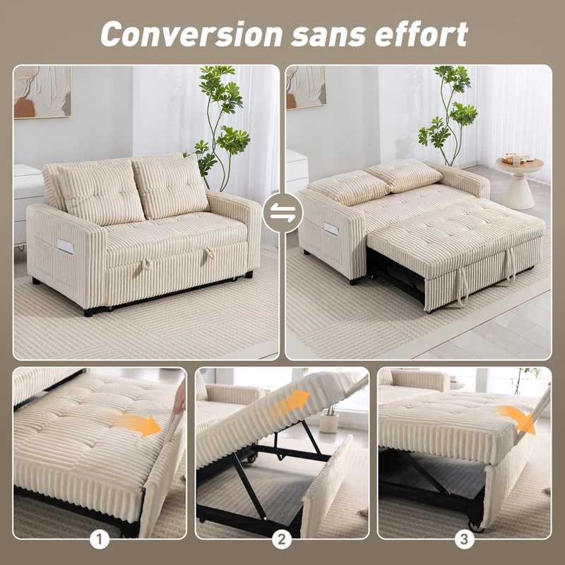 Canapé convertible 2 places lit d'appoint 157 x 190 x 49 cm dossier réglable poches latérales moderne en velours crème 21_0003620