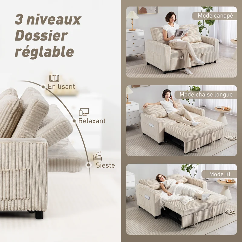 Canapé convertible 2 places lit d'appoint 157 x 190 x 49 cm dossier réglable poches latérales moderne en velours crème 21_0003620