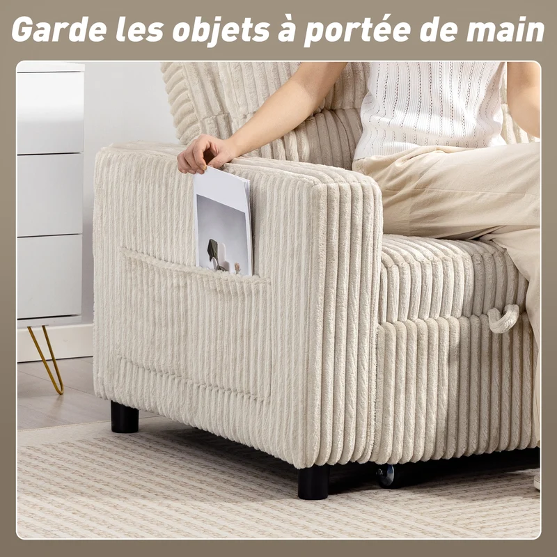 Canapé convertible 2 places lit d'appoint 157 x 190 x 49 cm dossier réglable poches latérales moderne en velours crème 21_0003620