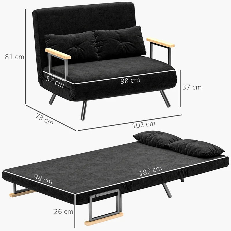 Canapé convertible 2 places 102 x 73 x 81 cm dossier 5 positions assise rembourrée moderne minimaliste en polyester noir 21_0003139