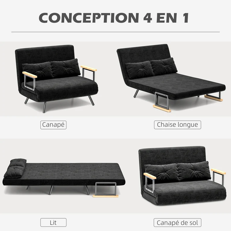 Canapé convertible 2 places 102 x 73 x 81 cm dossier 5 positions assise rembourrée moderne minimaliste en polyester noir 21_0003139