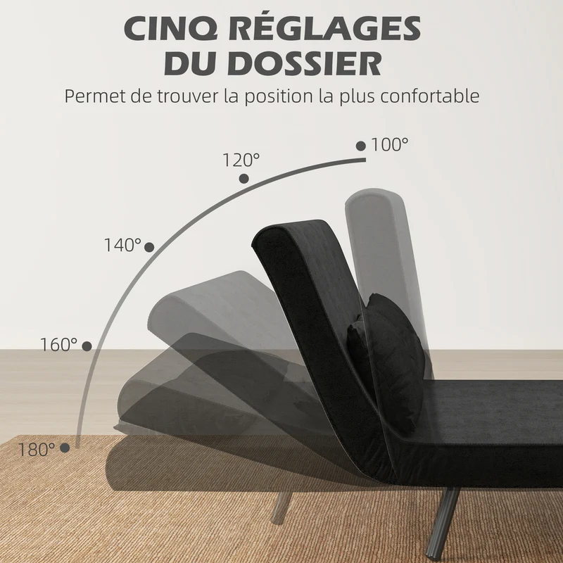 Canapé convertible 2 places 102 x 73 x 81 cm dossier 5 positions assise rembourrée moderne minimaliste en polyester noir 21_0003139