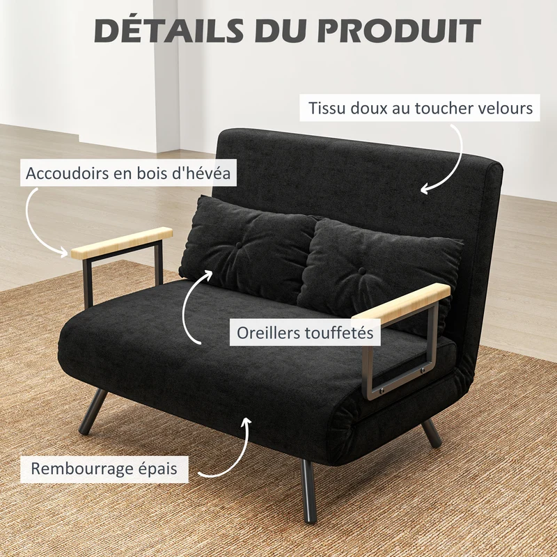 Canapé convertible 2 places 102 x 73 x 81 cm dossier 5 positions assise rembourrée moderne minimaliste en polyester noir 21_0003139