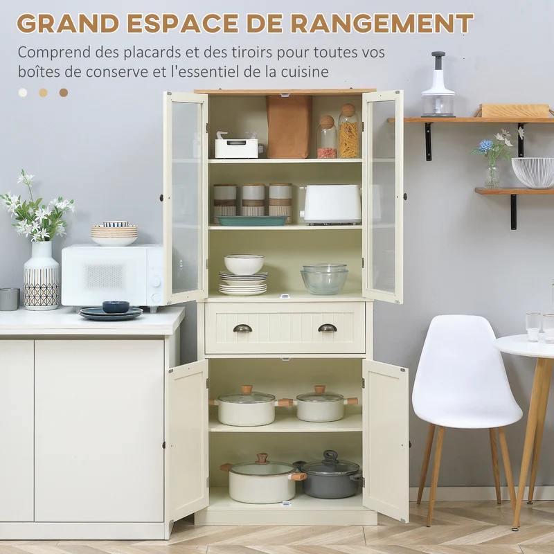 Buffet vaisselier de cuisine vitrine 76 x 40 x 182,5 cm tiroir étagères réglables moderne contemporain en MDF crème 21_0002266