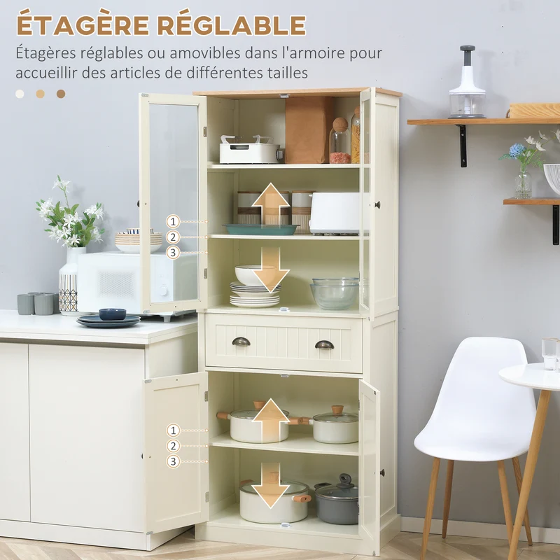 Buffet vaisselier de cuisine vitrine 76 x 40 x 182,5 cm tiroir étagères réglables moderne contemporain en MDF crème 21_0002266