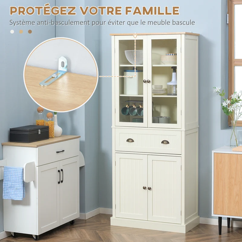 Buffet vaisselier de cuisine vitrine 76 x 40 x 182,5 cm tiroir étagères réglables moderne contemporain en MDF crème 21_0002266