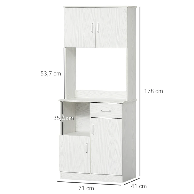 Buffet de cuisine 4 portes 2 tiroirs 71 x 41 x 178 cm plan de travail et rangements design contemporain en MDF blanc 21_0002205