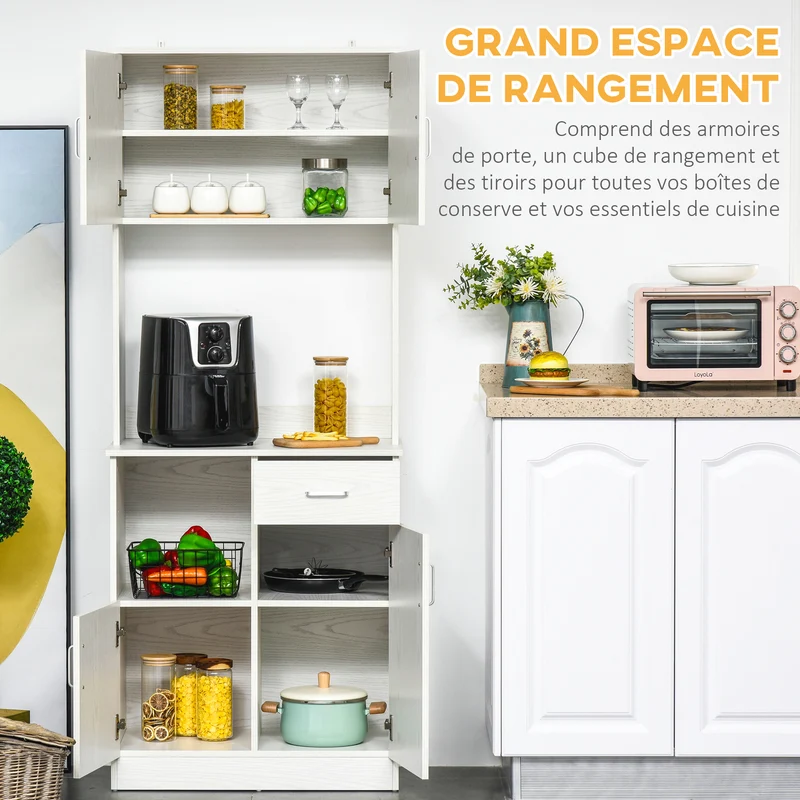 Buffet de cuisine 4 portes 2 tiroirs 71 x 41 x 178 cm plan de travail et rangements design contemporain en MDF blanc 21_0002205