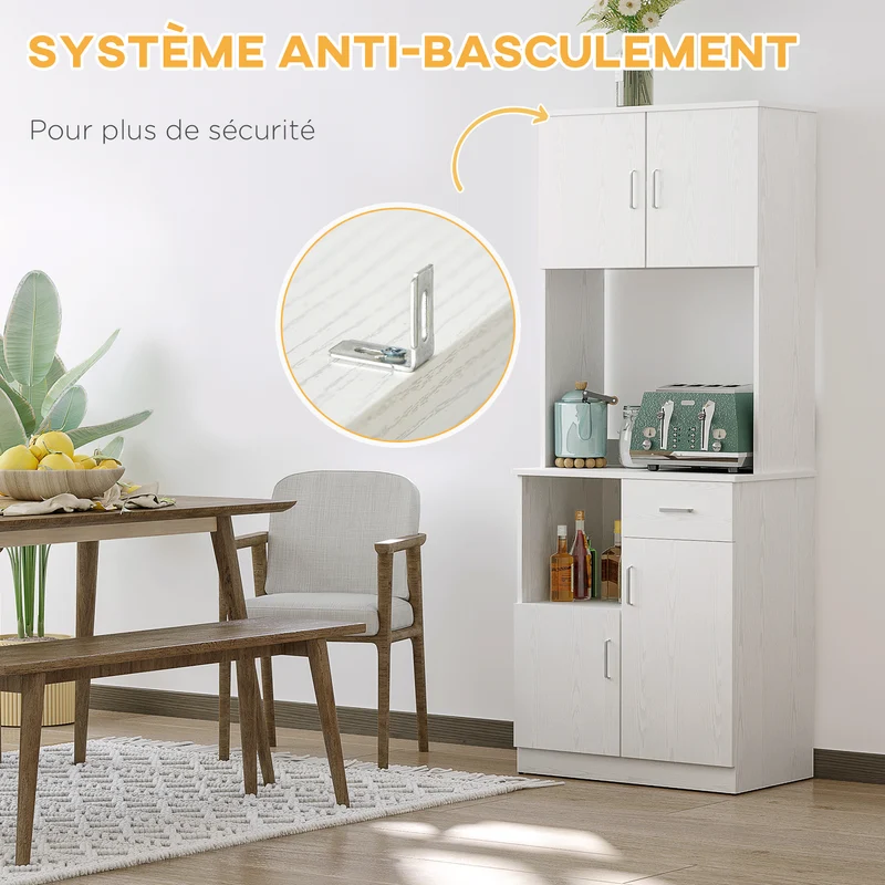 Buffet de cuisine 4 portes 2 tiroirs 71 x 41 x 178 cm plan de travail et rangements design contemporain en MDF blanc 21_0002205
