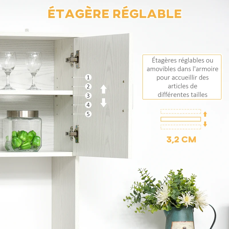 Buffet de cuisine 4 portes 2 tiroirs 71 x 41 x 178 cm plan de travail et rangements design contemporain en MDF blanc 21_0002205