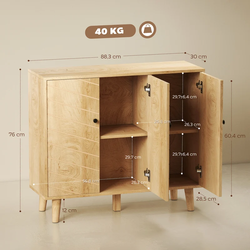 Buffet de cuisine 3 portes 88,3 x 30 x 76 cm étagère réglable fermeture silencieuse style scandinave en MDF bois naturel 21_0002904