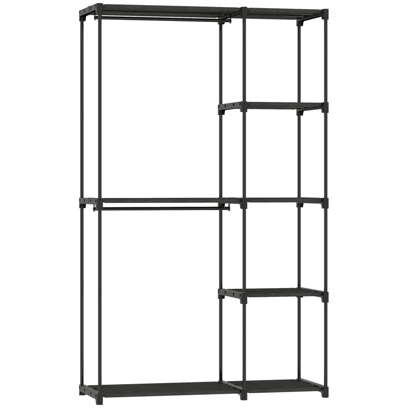 Armoire de rangement portable penderie 111 x 43 x 185 cm 6 étagères 2 tringles gain de place design épuré en métal noir 21_0005890