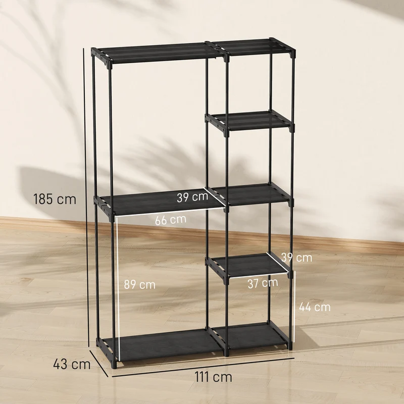 Armoire de rangement portable penderie 111 x 43 x 185 cm 6 étagères 2 tringles gain de place design épuré en métal noir 21_0005890